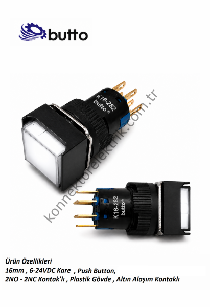 BUTTO K16-282-WD  16mm Kare Plastik Gövde Yaylı Buton Led Işıklı 12-24V DC
