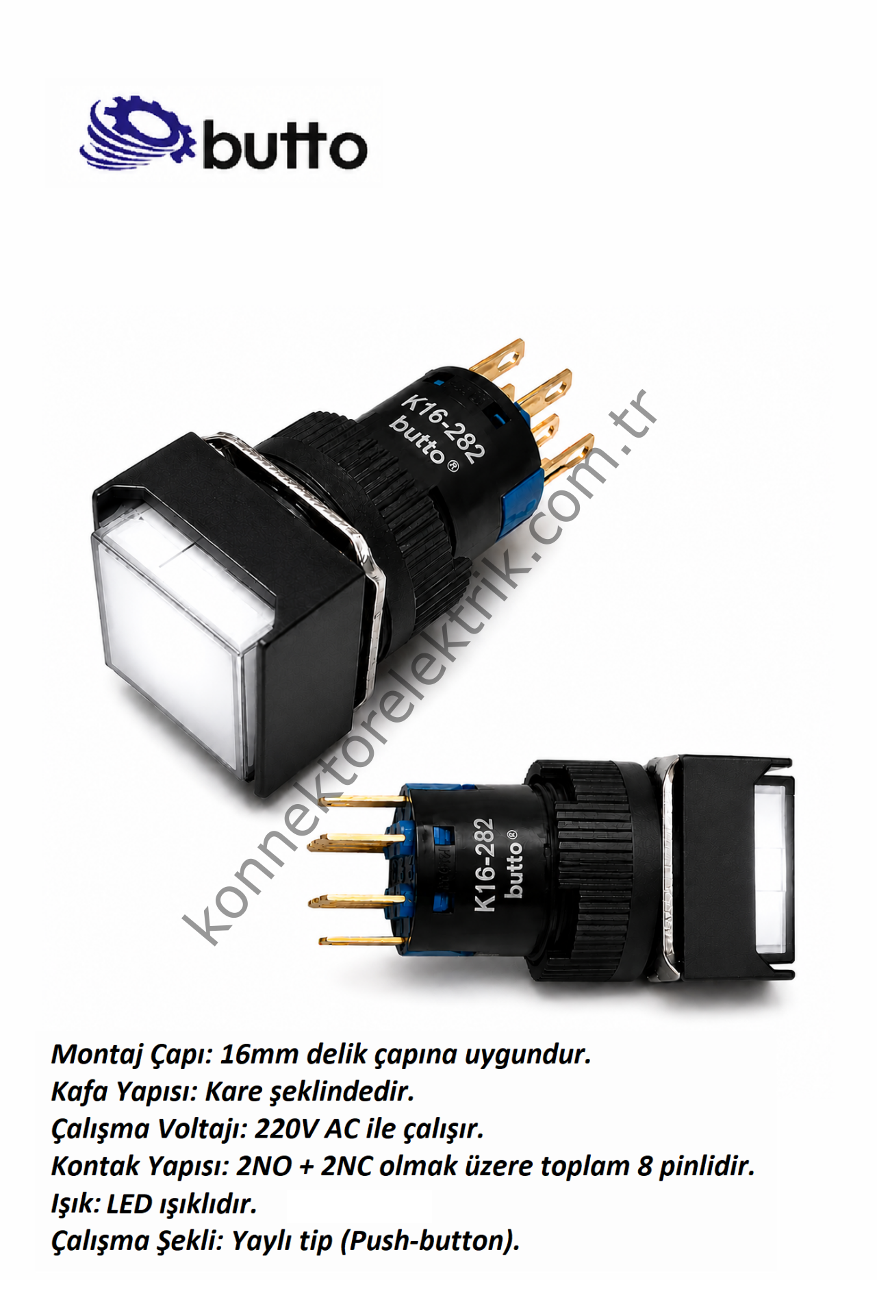 BUTTO K16-282-WA2  16mm Kare Plastik Gövde Yaylı Buton Led Işıklı 220V AC