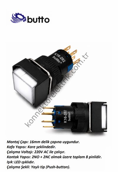 BUTTO K16-282-WA2  16mm Kare Plastik Gövde Yaylı Buton Led Işıklı 220V AC