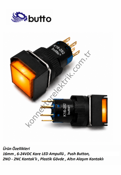 BUTTO K16-282-OD  16mm Kare Plastik Gövde Yaylı Buton Led Işıklı 12-24V DC