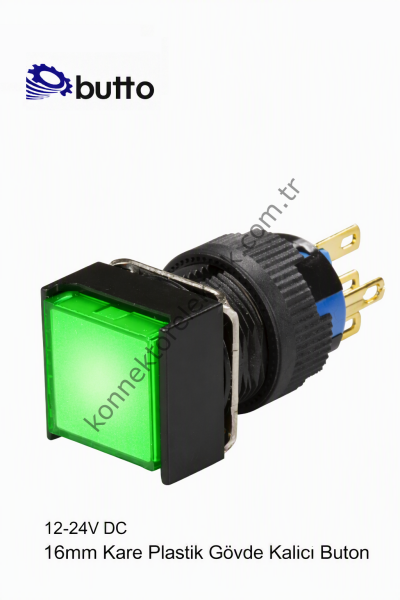 BUTTO K16-381-GD  16mm Kare Plastik Gövde Kalıcı Buton Led Işıklı 12-24V DC
