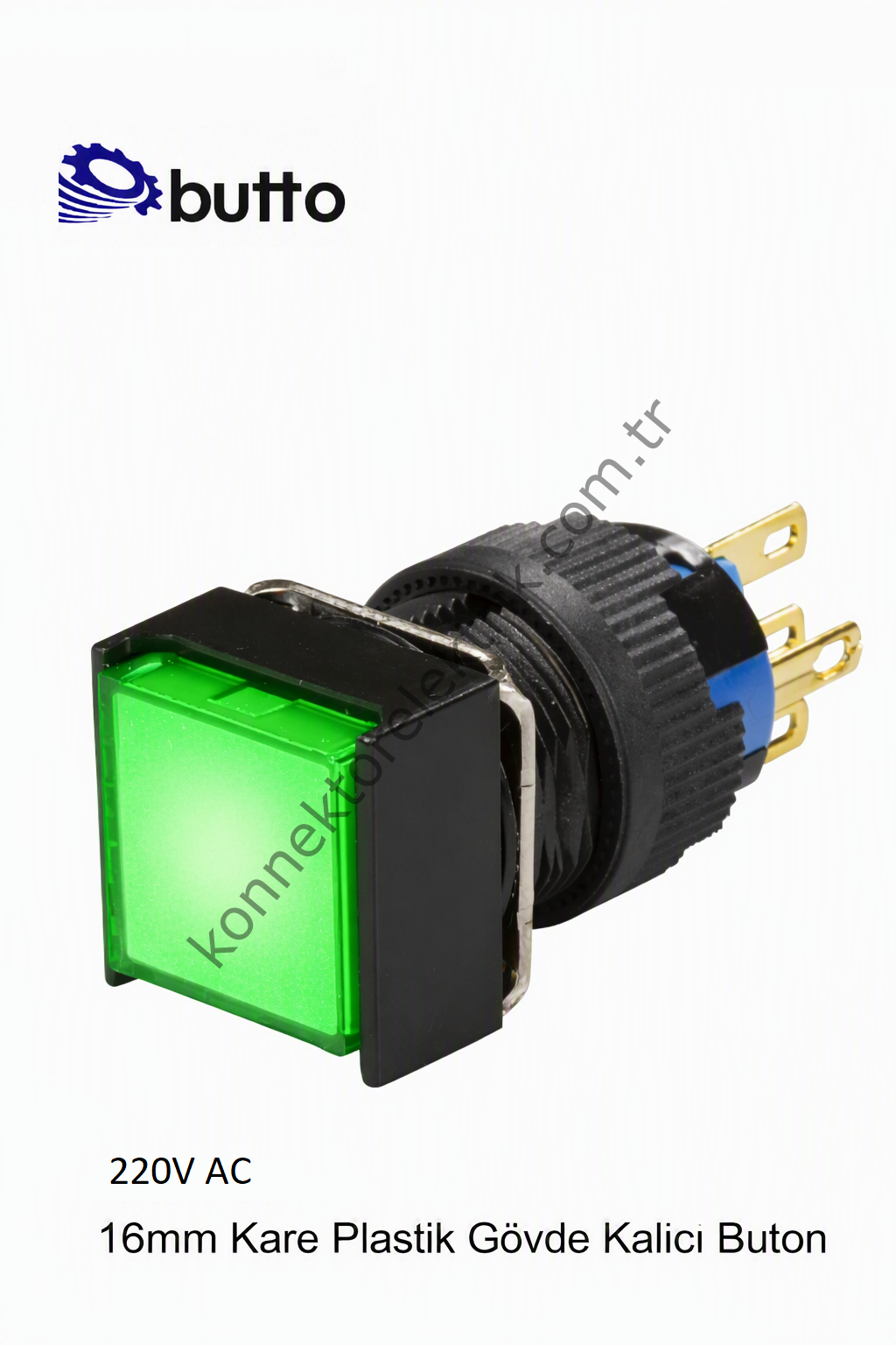 BUTTO  K16-381-GA2  16mm Kare Plastik Gövde Kalıcı Buton Led Işıklı 220V AC