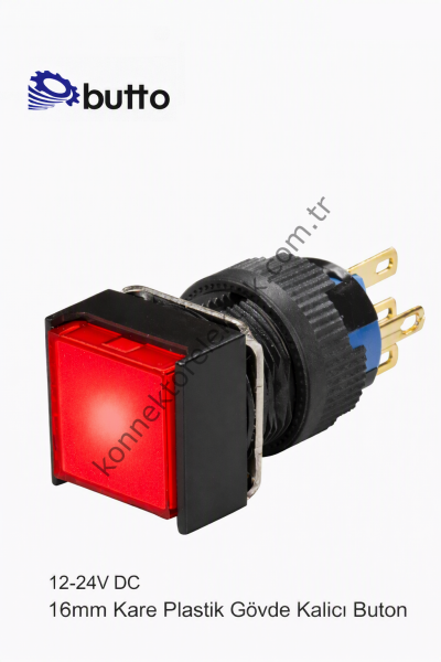 BUTTO  K16-381-RD  16mm Kare Plastik Gövde Kalıcı Buton Led Işıklı 12-24V DC