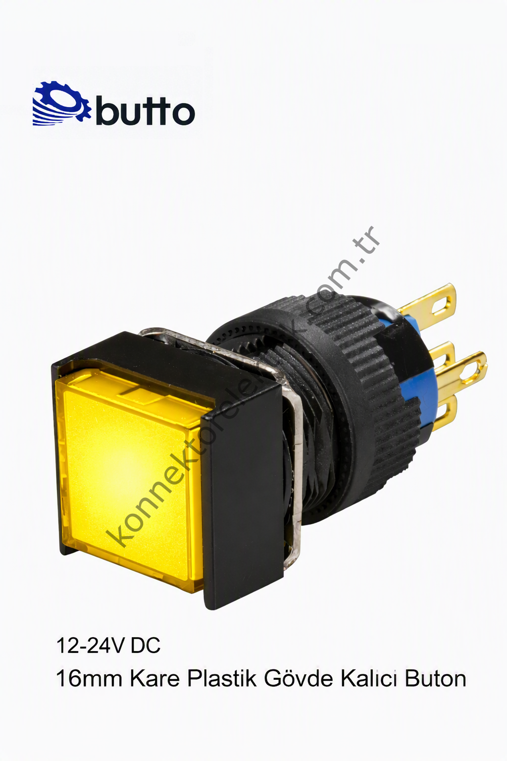 BUTTO  K16-381-YD  16mm Kare Plastik Gövde Kalıcı Buton Led Işıklı 12-24V DC