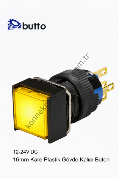 BUTTO  K16-381-YD  16mm Kare Plastik Gövde Kalıcı Buton Led Işıklı 12-24V DC