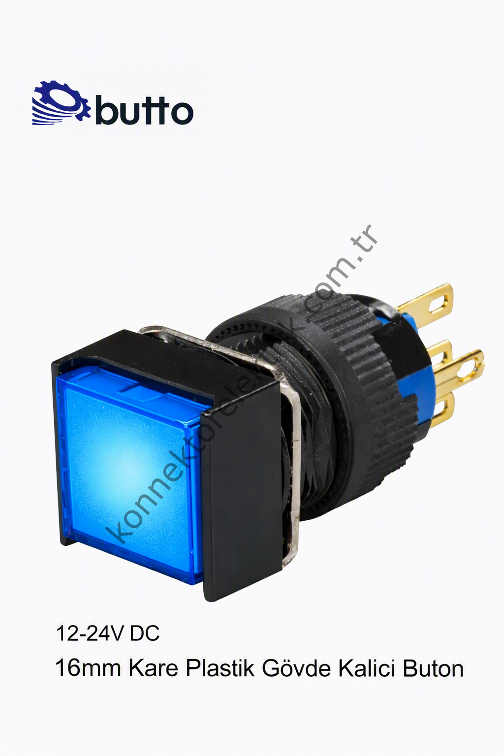 BUTTO K16-381-BD  16mm Kare Plastik Gövde Kalıcı Buton Led Işıklı 12-24V DC
