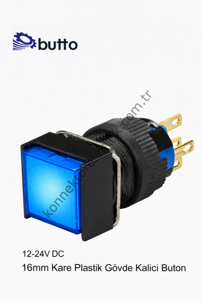 BUTTO K16-381-BD  16mm Kare Plastik Gövde Kalıcı Buton Led Işıklı 12-24V DC
