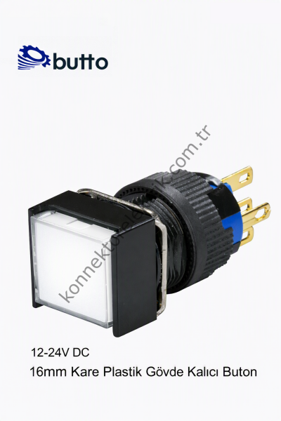 BUTTO K16-381-WD  16mm Kare Plastik Gövde Kalıcı Buton Led Işıklı 12-24V DC
