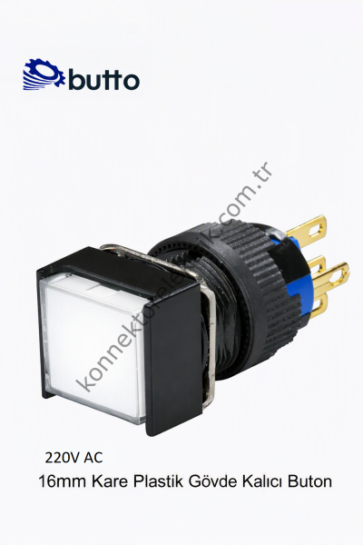BUTTO  K16-381-WA2  16mm Kare Plastik Gövde Kalıcı Buton Led Işıklı 220V AC