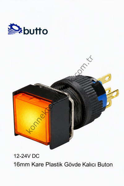 BUTTO  K16-381-OD  16mm Kare Plastik Gövde Kalıcı Buton Led Işıklı 12-24V DC
