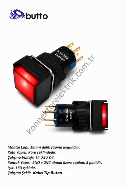 BUTTO   K16-382-RD  16mm Kare Plastik Gövde Kalıcı Buton Led Işıklı 12-24V DC