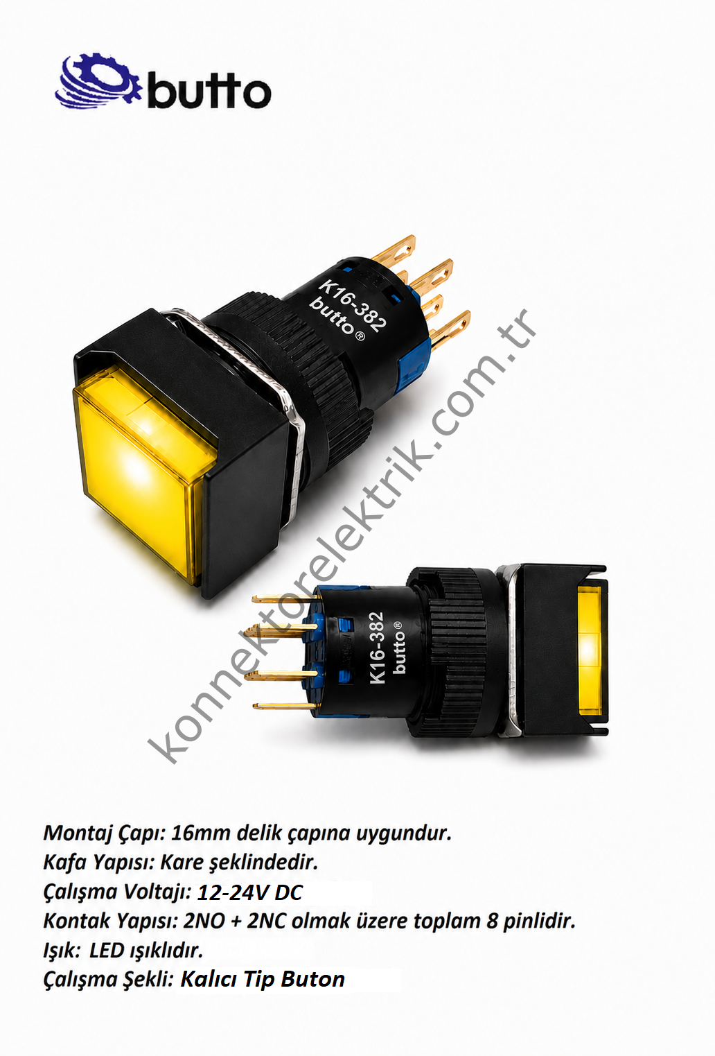 BUTTO   K16-382-YD  16mm Kare Plastik Gövde Kalıcı Buton Led Işıklı 12-24V DC