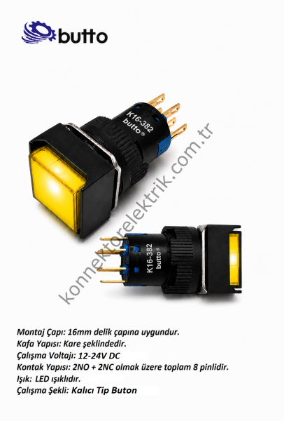 BUTTO   K16-382-YD  16mm Kare Plastik Gövde Kalıcı Buton Led Işıklı 12-24V DC