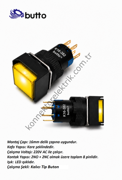 BUTTO   K16-382-YA2  16mm Kare Plastik Gövde Kalıcı Buton Led Işıklı 220V AC