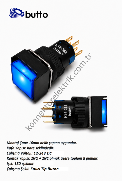 BUTTO   K16-382-BD  16mm Kare Plastik Gövde Kalıcı Buton Led Işıklı 12-24V DC