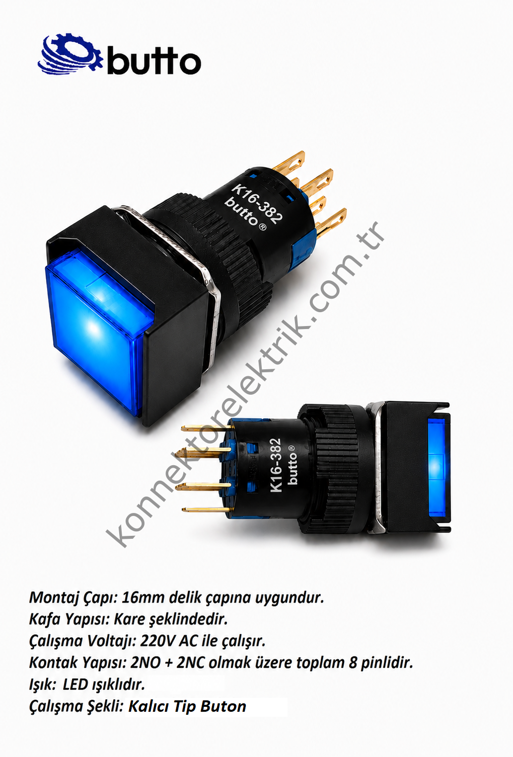 BUTTO   K16-382-BA2  16mm Kare Plastik Gövde Kalıcı Buton Led Işıklı 220V AC