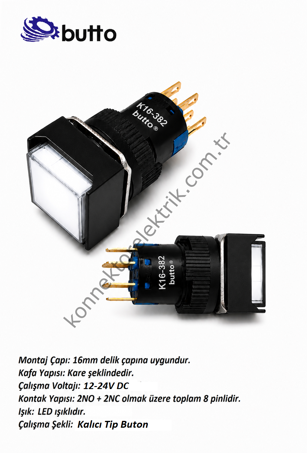 BUTTO   K16-382-WD  16mm Kare Plastik Gövde Kalıcı Buton Led Işıklı 12-24V DC