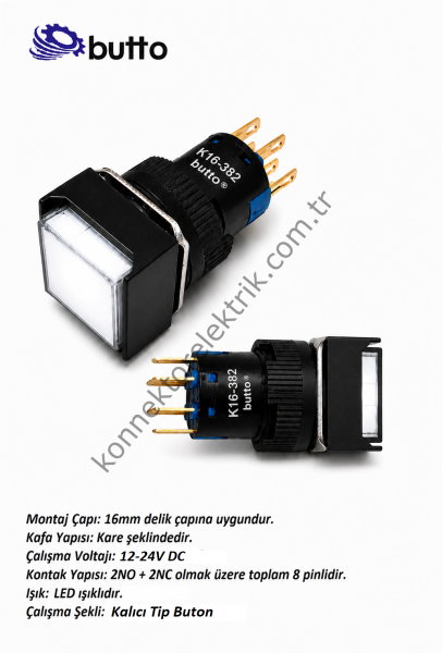 BUTTO   K16-382-WD  16mm Kare Plastik Gövde Kalıcı Buton Led Işıklı 12-24V DC