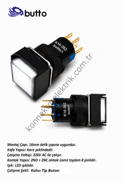 BUTTO   K16-382-WA2  16mm Kare Plastik Gövde Kalıcı Buton Led Işıklı 220V AC