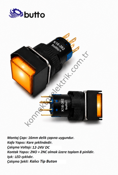 BUTTO   K16-382-OD  16mm Kare Plastik Gövde Kalıcı Buton Led Işıklı 12-24V DC