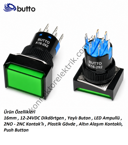 BUTTO K16-292-GD K16-292 16mm Dikdörtgen Plastik Gövde Yaylı Buton  Led Işıklı