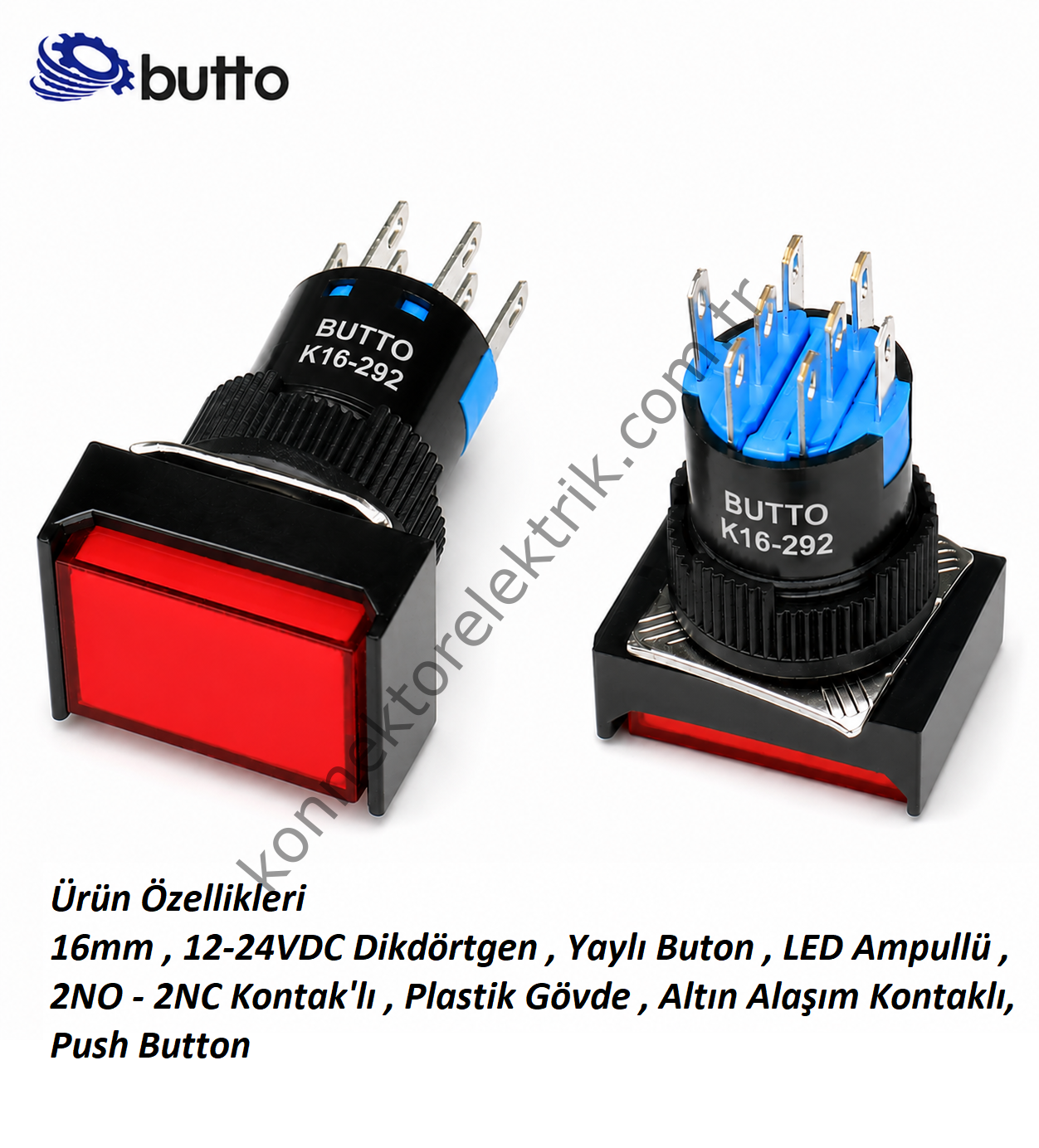 BUTTO K16-292-RD K16-292 16mm Dikdörtgen Plastik Gövde Yaylı Buton  Led Işıklı