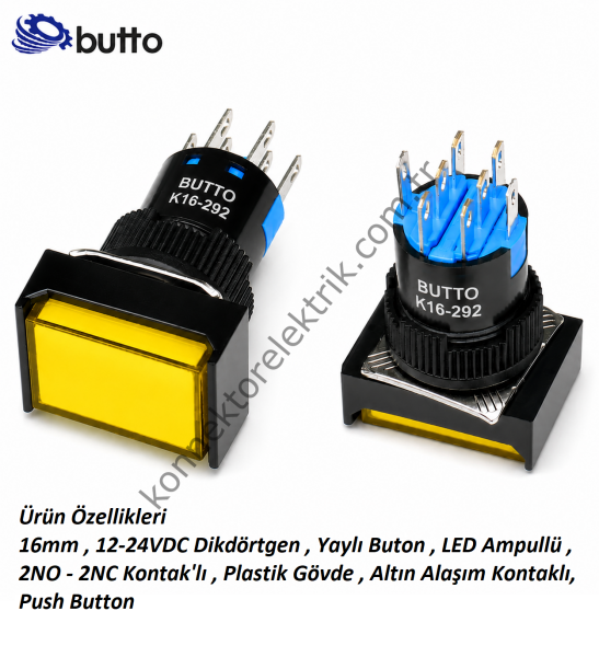 BUTTO K16-292-YD K16-292 16mm Dikdörtgen Plastik Gövde Yaylı Buton  Led Işıklı  12-24V DC