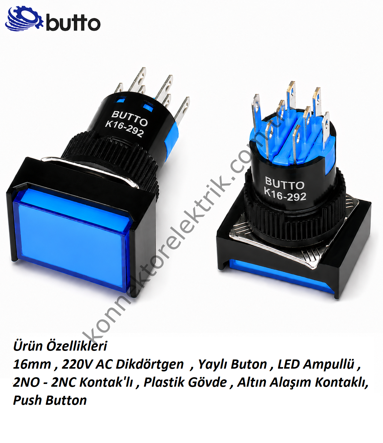 BUTTO K16-292-BA2 K16-292 16mm Dikdörtgen Plastik Gövde Yaylı Buton  Led Işıklı 220V AC