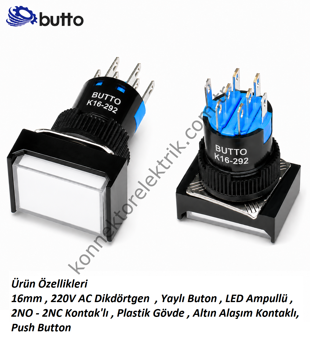 BUTTO K16-292-WA2 K16-292 16mm Dikdörtgen Plastik Gövde Yaylı Buton  Led Işıklı 220V AC