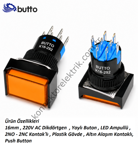 BUTTO K16-292-OA2 K16-292 16mm Dikdörtgen Plastik Gövde Yaylı Buton  Led Işıklı 220V AC