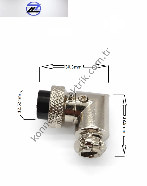 HZ CONNECTORS GX16 16M-2D 2 Pin Metal Kasa 90° Açılı Kablo Tipi Dişi Mike (Mayk) Konnektör