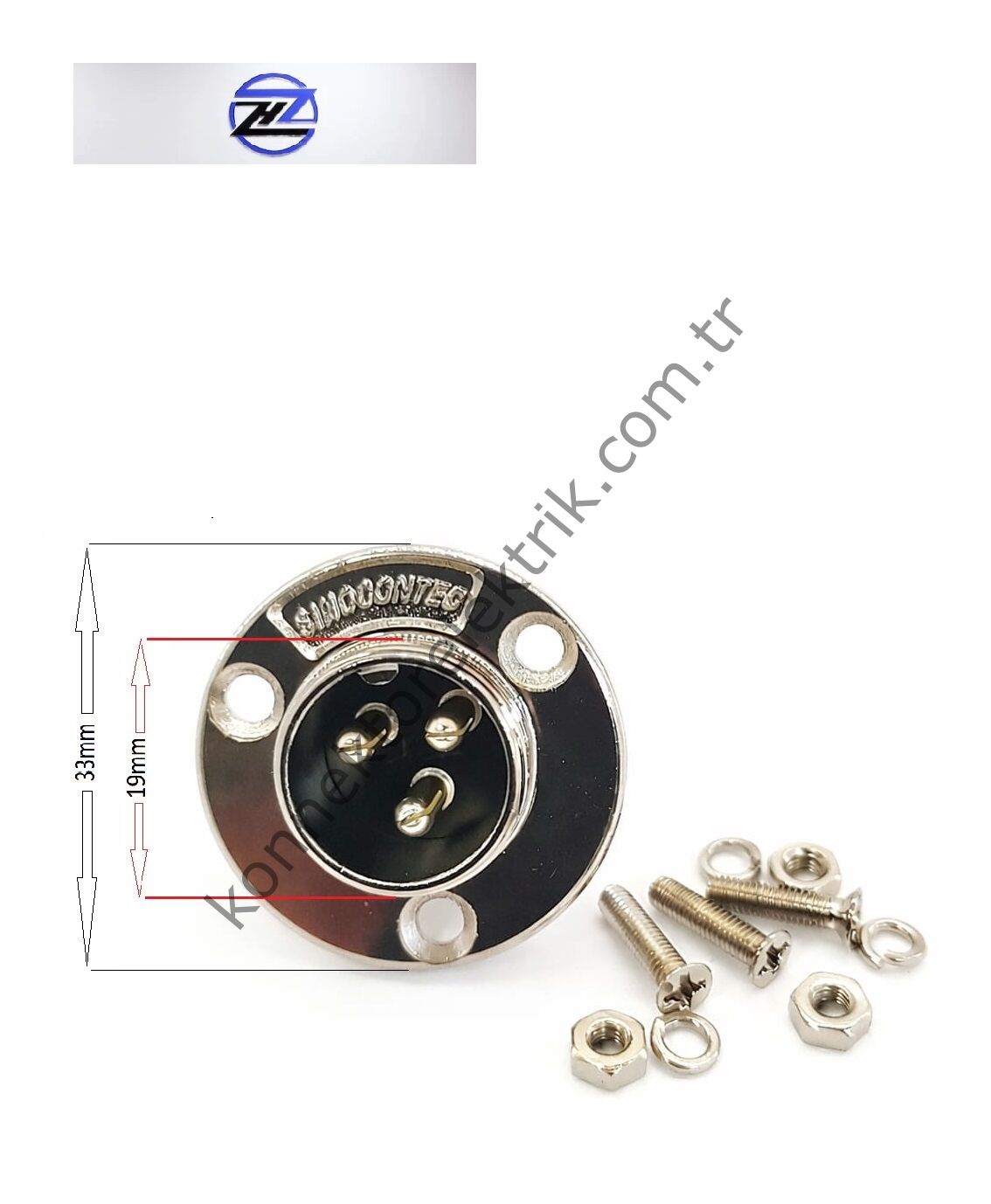 HZ CONNECTORS GX20 19M-3E Yuvarlak Flanş 3 Pin Metal Kasa Panel Tipi Erkek Mike (Mayk) Konnektör