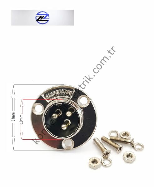 HZ CONNECTORS GX20 19M-3E Yuvarlak Flanş 3 Pin Metal Kasa Panel Tipi Erkek Mike (Mayk) Konnektör