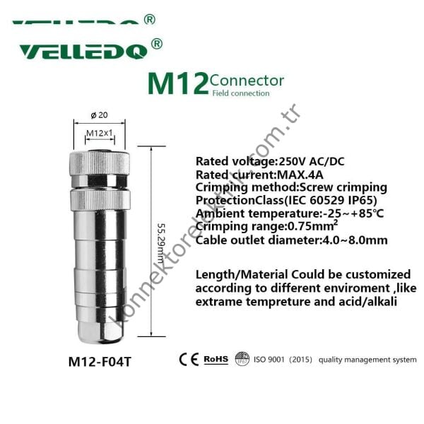 VELLEDQ M12 3 Pin Dişi Metal Kasa Konnektör