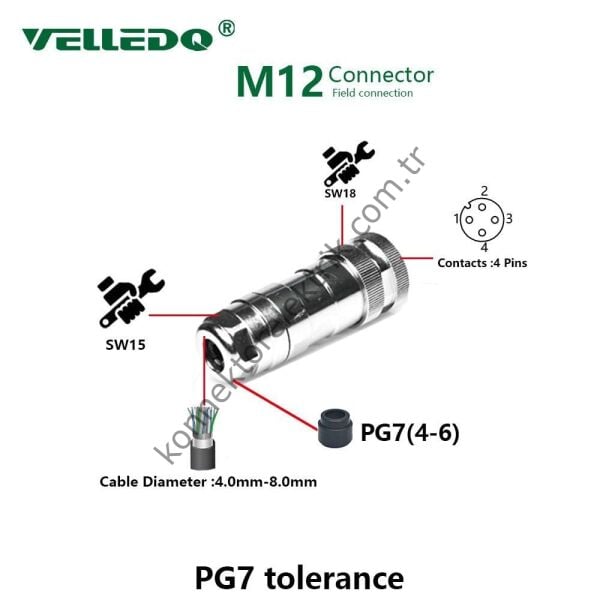 VELLEDQ M12 3 Pin Dişi Metal Kasa Konnektör