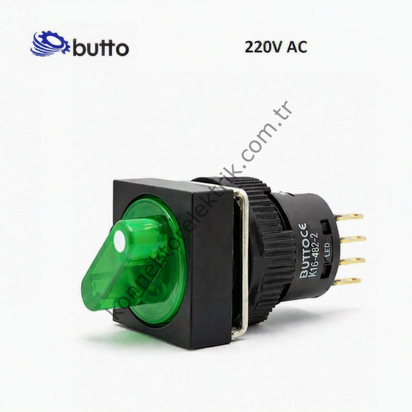 BUTTO K16-482-2-GA2 16mm Kare Plastik Gövde 0-1 Kalıcı Mandal Buton Led Işıklı