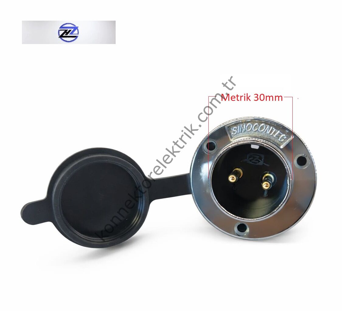 HZ CONNECTORS GX30 30M-2E Yuvarlak Flanş 2 Pin Metal Kasa Panel Tipi Erkek Mike (Mayk) Konnektör