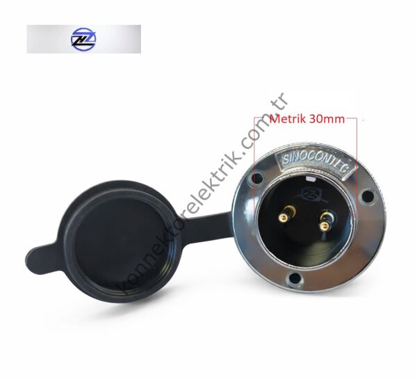HZ CONNECTORS 30M-2E Yuvarlak Flanşlı 2 Pinli Metal Kasa Panel Tipi Erkek Konnektör
