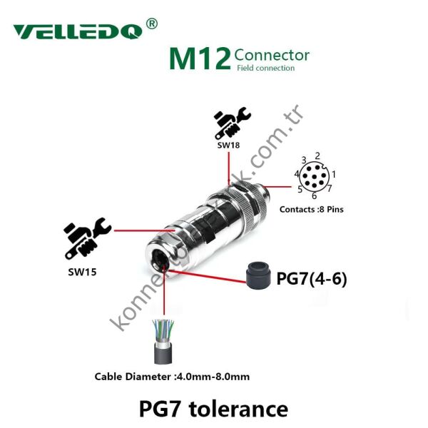 VELLEDQ M12 8 Pin Erkek Metal Kasa Konnektör