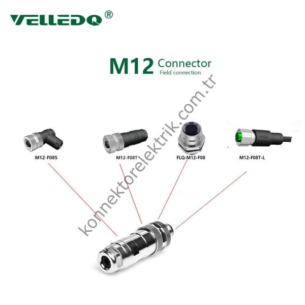 VELLEDQ M12 8 Pin Erkek Metal Kasa Konnektör