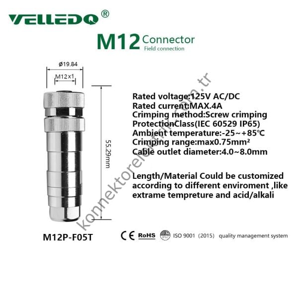 VELLEDQ M12 8 Pin Dişi Metal Kasa Konnektör