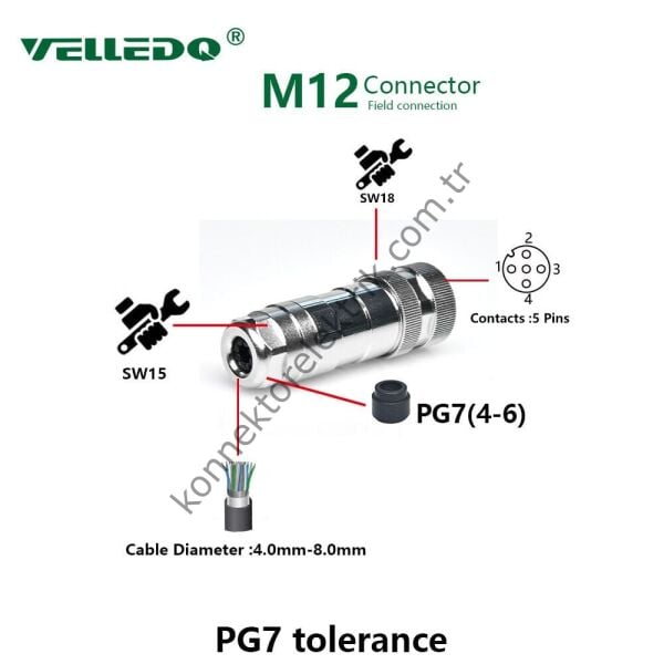 VELLEDQ M12 8 Pin Dişi Metal Kasa Konnektör