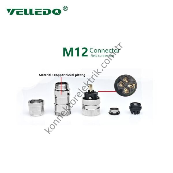 VELLEDQ M12 8 Pin Dişi Metal Kasa Konnektör