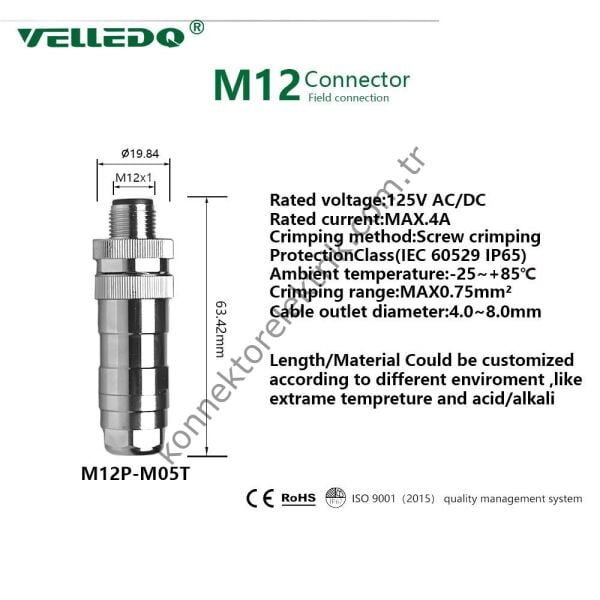 VELLEDQ M12 5 Pin Erkek Metal Kasa Konnektör