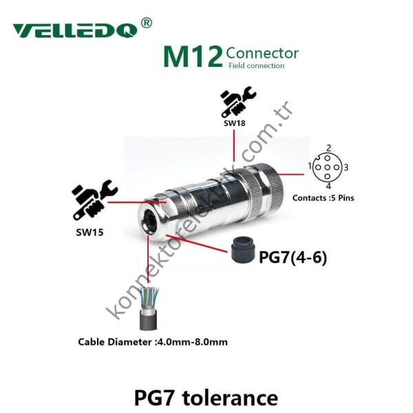 VELLEDQ M12 5 Pin Dişi Metal Konnektör