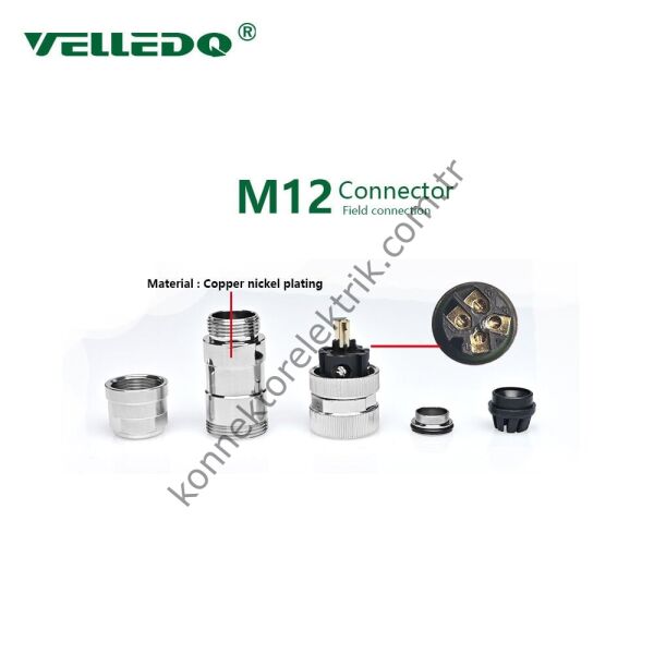 VELLEDQ M12 5 Pin Dişi Metal Konnektör