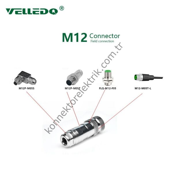 VELLEDQ M12 5 Pin Dişi Metal Konnektör