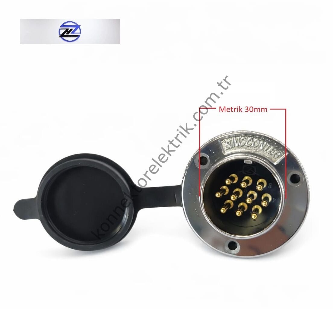 HZ CONNECTORS GX30 30M-10E Yuvarlak Flanş 10 Pin Metal Kasa Panel Tipi Erkek Mike (Mayk) Konnektör