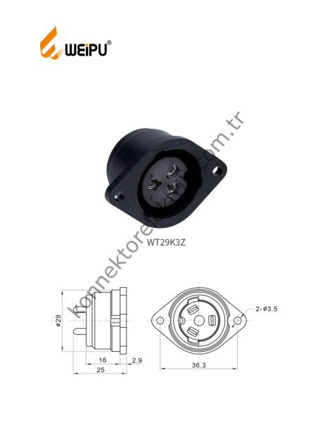 WEIPU WT29K3Z 3 Pin IP67 Plastik Kasa Panel Tipi Dişi Su Geçirmez Konnektör