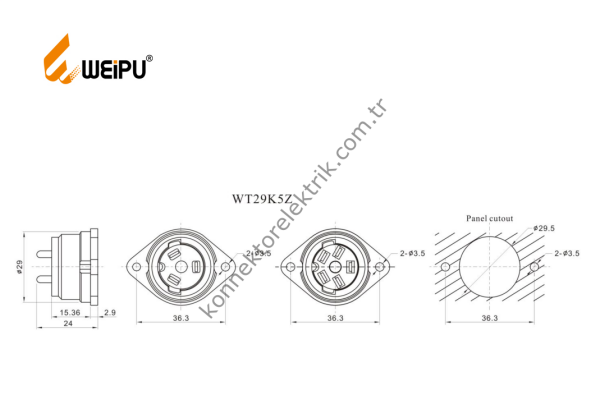 WEIPU WT29K5Z 5 Pin IP67 Plastik Kasa Panel Tipi Dişi Su Geçirmez Konnektör